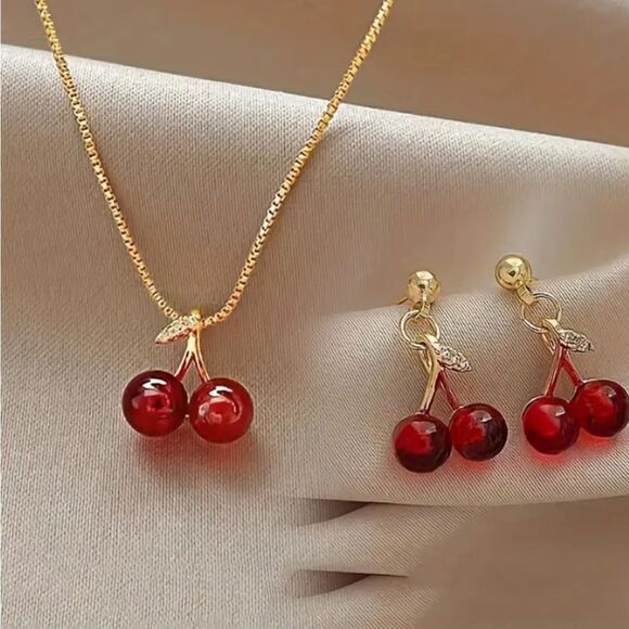Chic 3pcs Set Cherry Pendant Necklace & Earrings - Picture 13 of 13